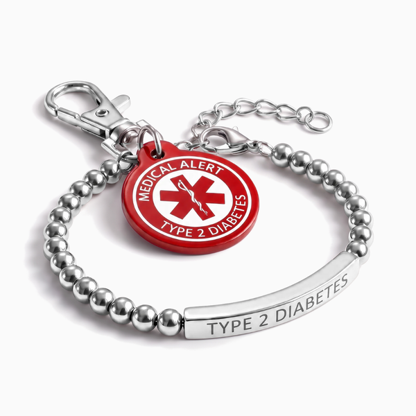 Type 2 diabetes medical alert bracelet and keychain set, silver beaded bracelet with red charm keychain