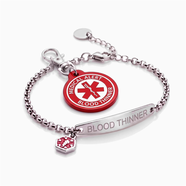 Blood thinner medical alert bracelet and keychain set, silver chain bracelet with red charm keychain