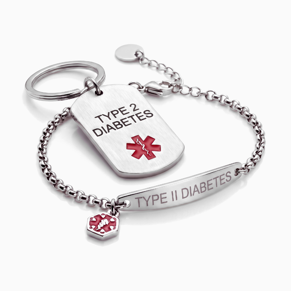 Type 2 diabetes medical alert bracelet and keychain set, silver chain bracelet with steel tag keychain