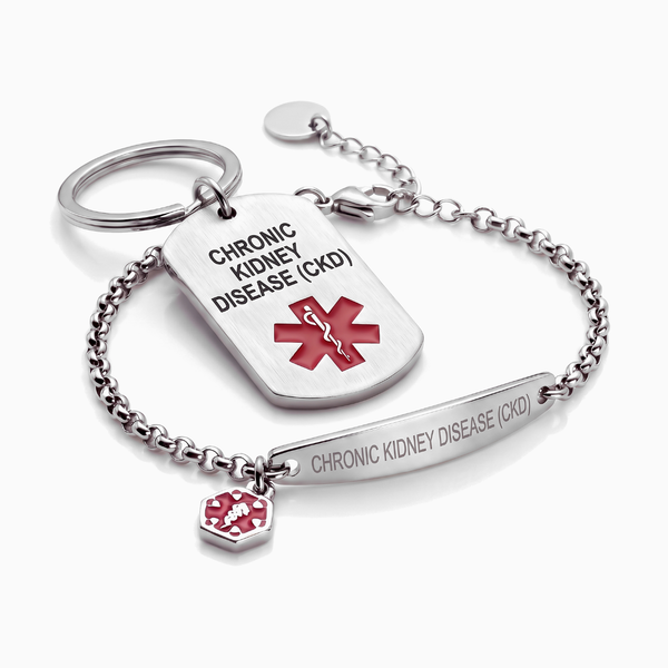 Chronic kidney disease (CKD) medical alert bracelet and keychain set, silver chain bracelet with steel tag keychain