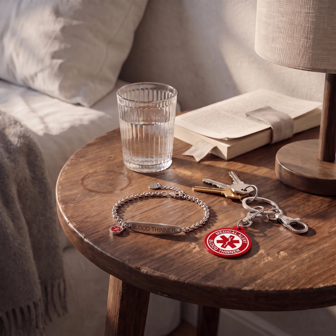 Blood thinner medical alert bracelet and keychain set on a bedside table
