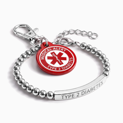 Type 2 diabetes medical alert bracelet and keychain set, silver beaded bracelet with red charm keychain
