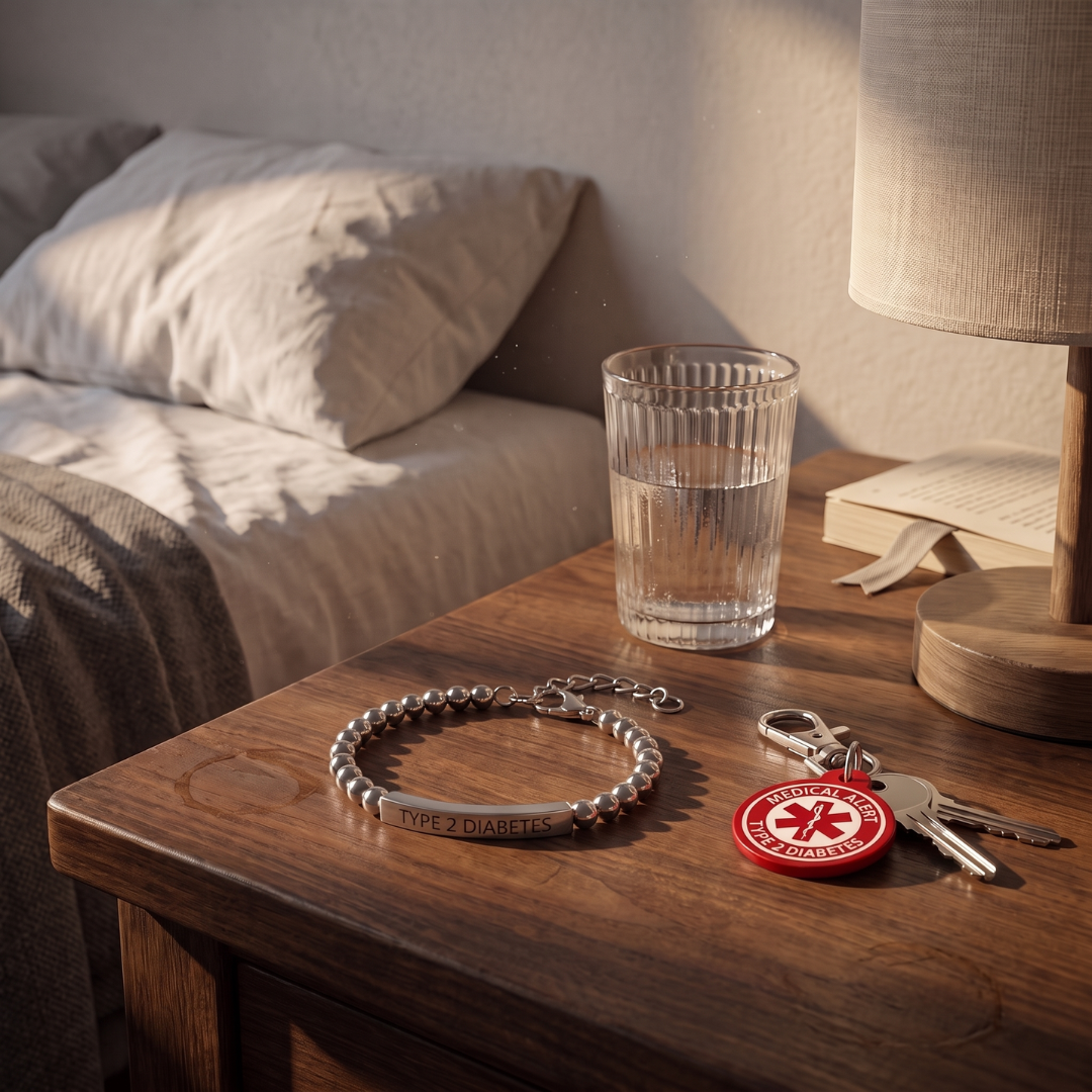Type 2 diabetes medical alert bracelet and keychain set on a bedside table