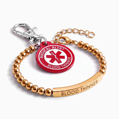 Blood thinner medical alert bracelet and keychain set, gold beaded bracelet with red charm keychain