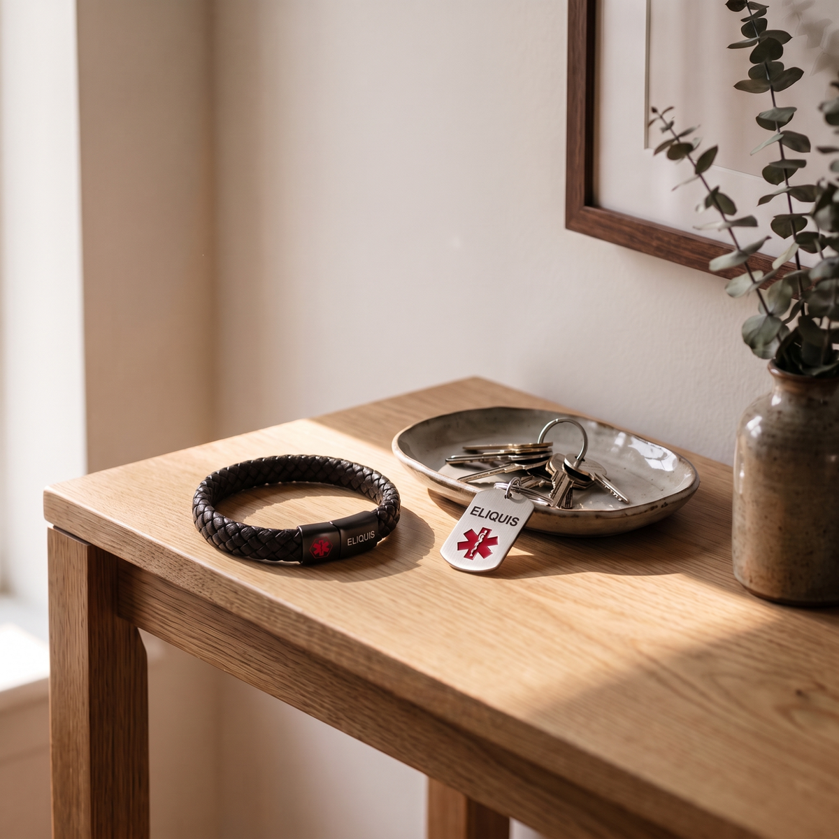 Eliquis medical alert bracelet and keychain set on a bedside table