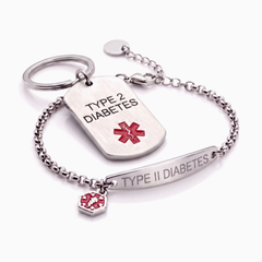 Type 2 diabetes medical alert bracelet and keychain set, silver chain bracelet with steel tag keychain