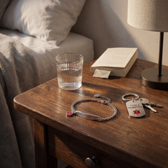 Type 2 diabetes medical alert bracelet and keychain set on a bedside table