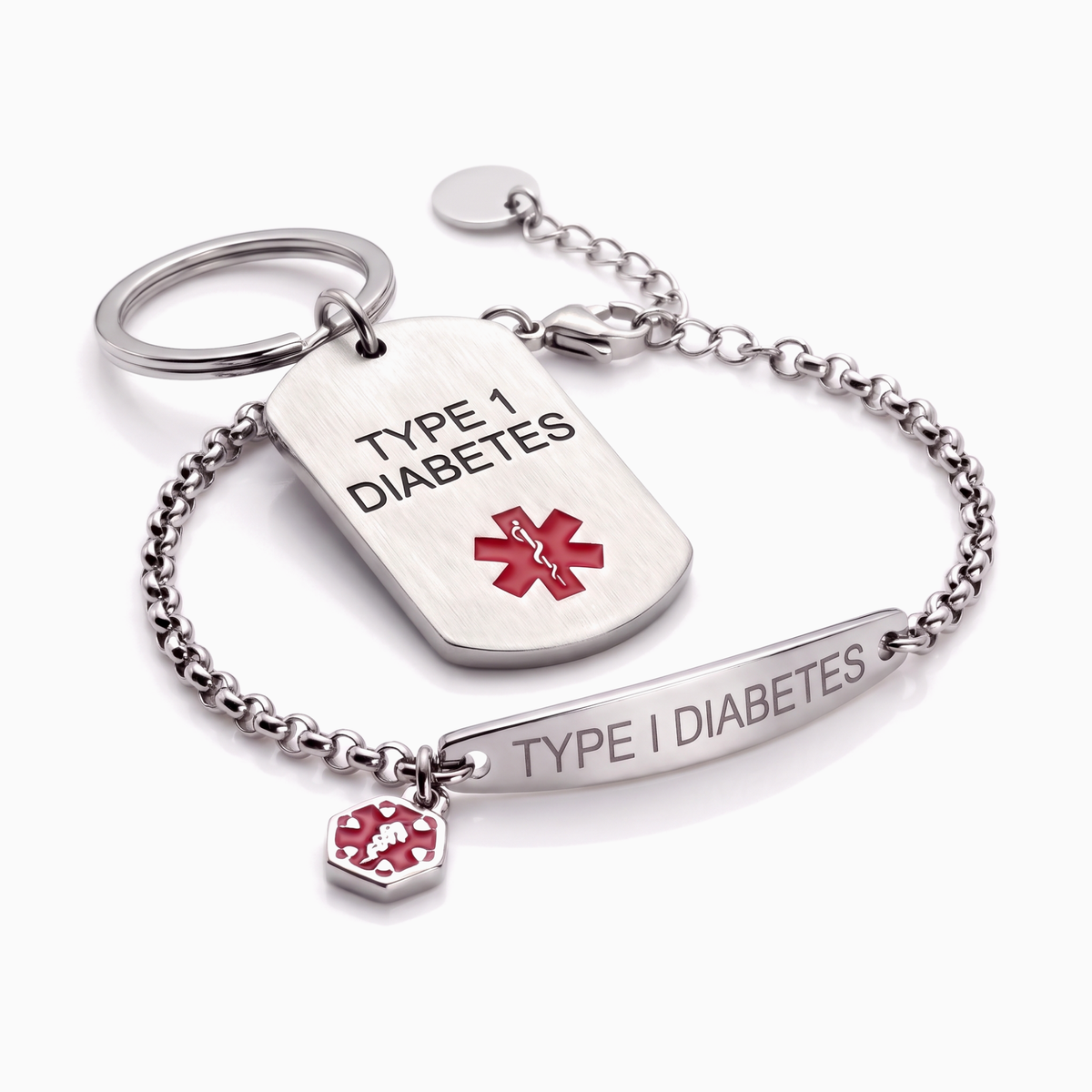 Type 1 diabetes medical alert bracelet and keychain set, silver chain bracelet with steel tag keychain