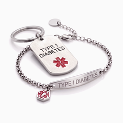 Type 1 diabetes medical alert bracelet and keychain set, silver chain bracelet with steel tag keychain