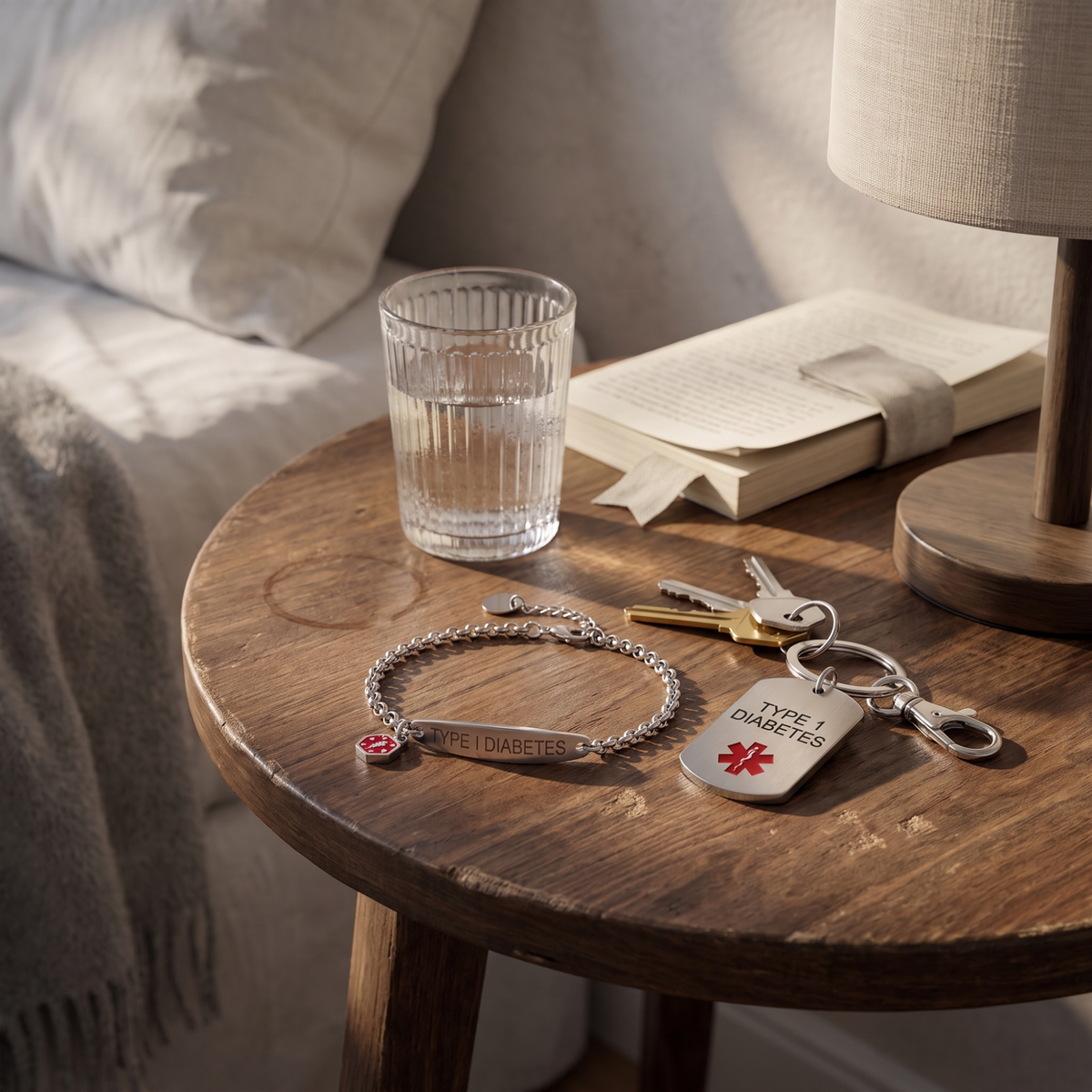 Type 1 diabetes medical alert bracelet and keychain set on a bedside table