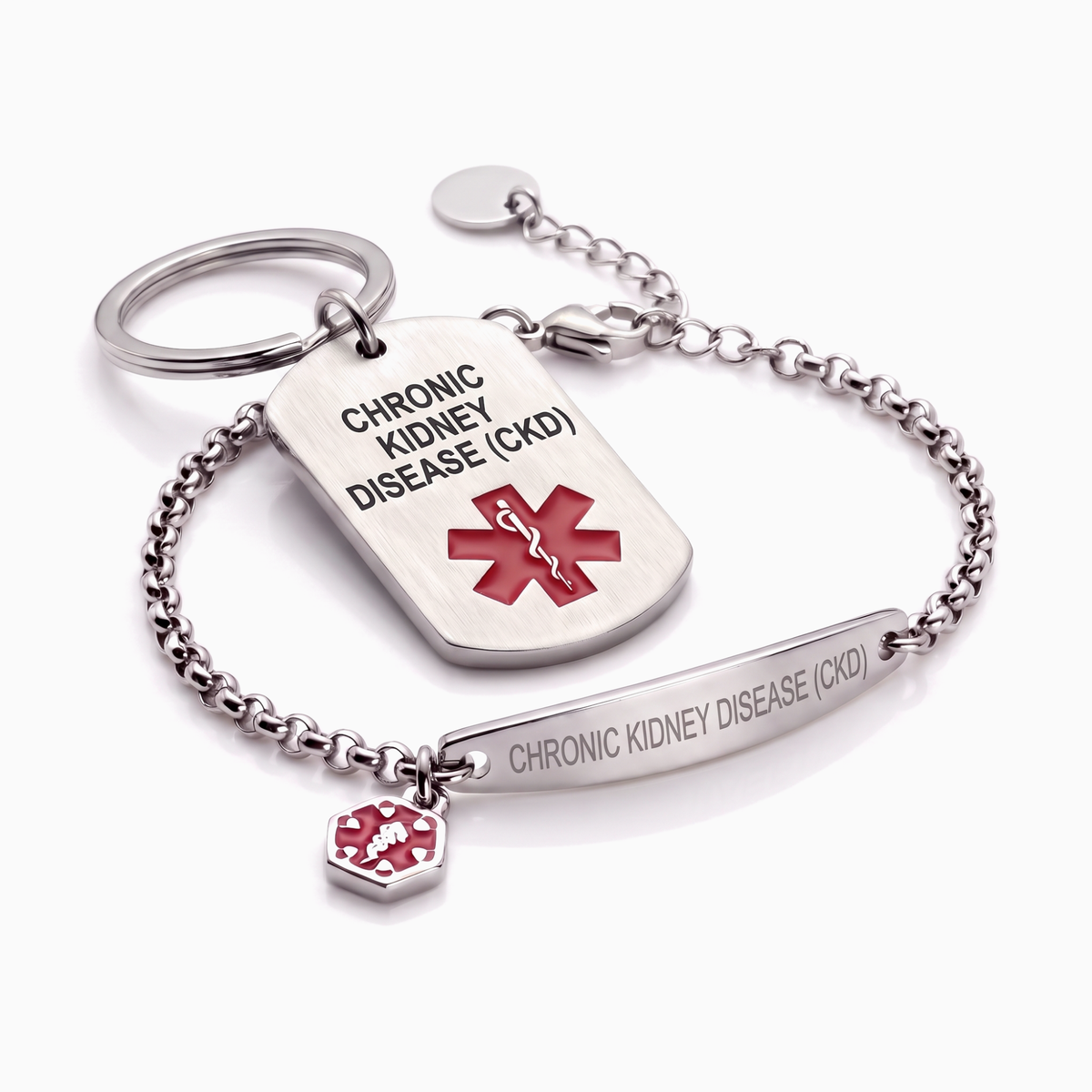 Chronic kidney disease (CKD) medical alert bracelet and keychain set, silver chain bracelet with steel tag keychain
