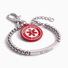 Eliquis medical alert bracelet and keychain set, silver beaded bracelet with red charm keychain