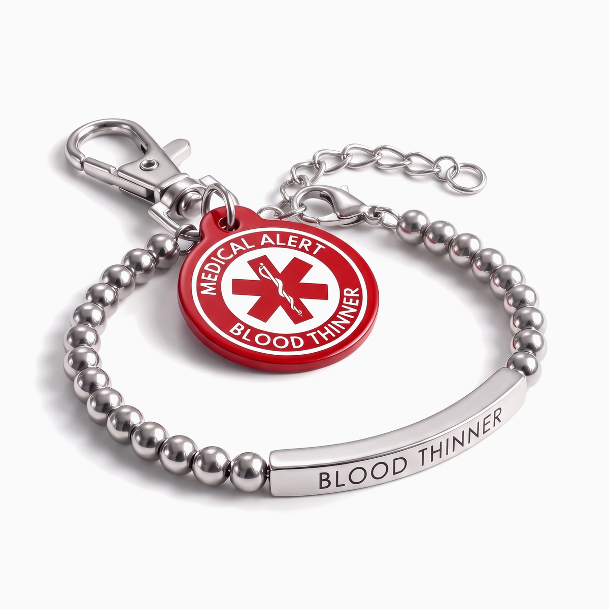 Blood thinner medical alert bracelet and keychain set, silver beaded bracelet with red charm keychain