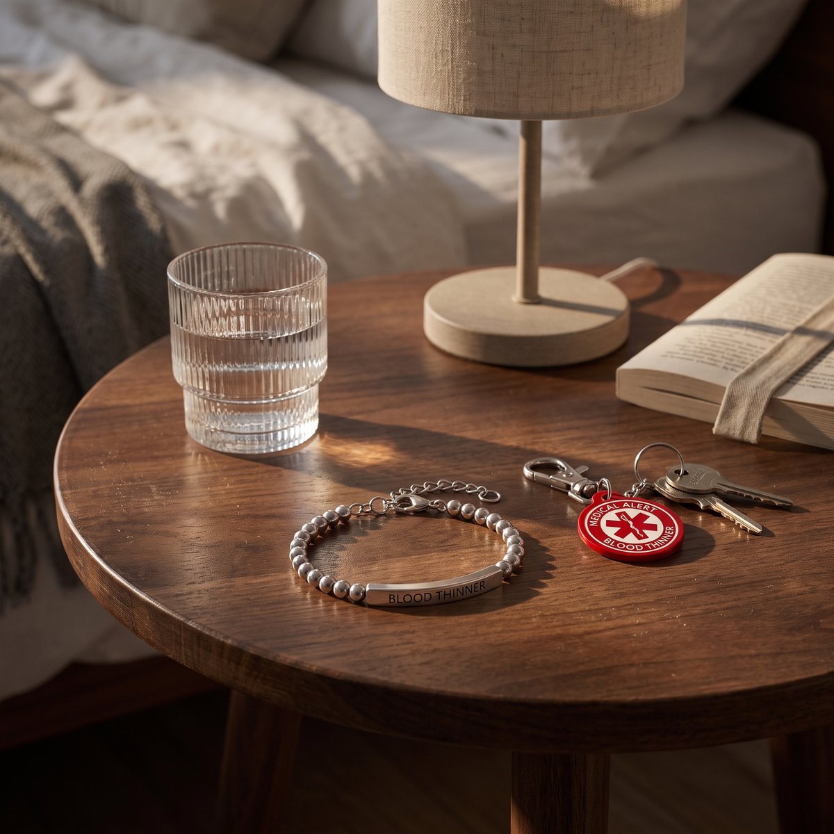 Blood thinner medical alert bracelet and keychain set on a bedside table