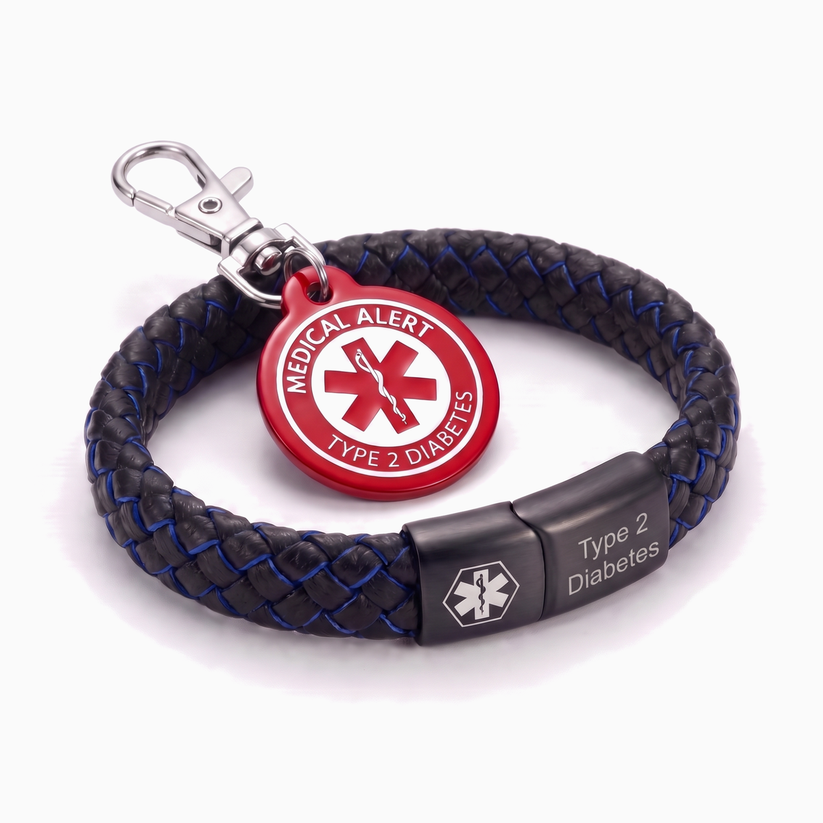 Type 2 diabetes medical alert bracelet and keychain set, black and blue braided bracelet with red charm keychain