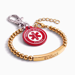 Eliquis medical alert bracelet and keychain set, gold beaded bracelet with red charm keychain