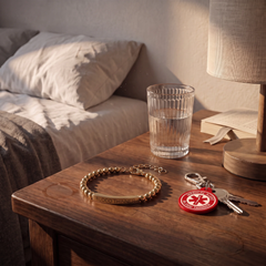 Blood thinner medical alert bracelet and keychain set on a bedside table