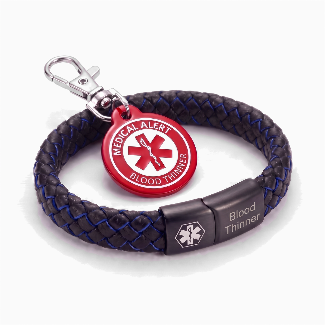 Blood thinner medical alert bracelet and keychain set, black and blue braided bracelet with red charm keychain