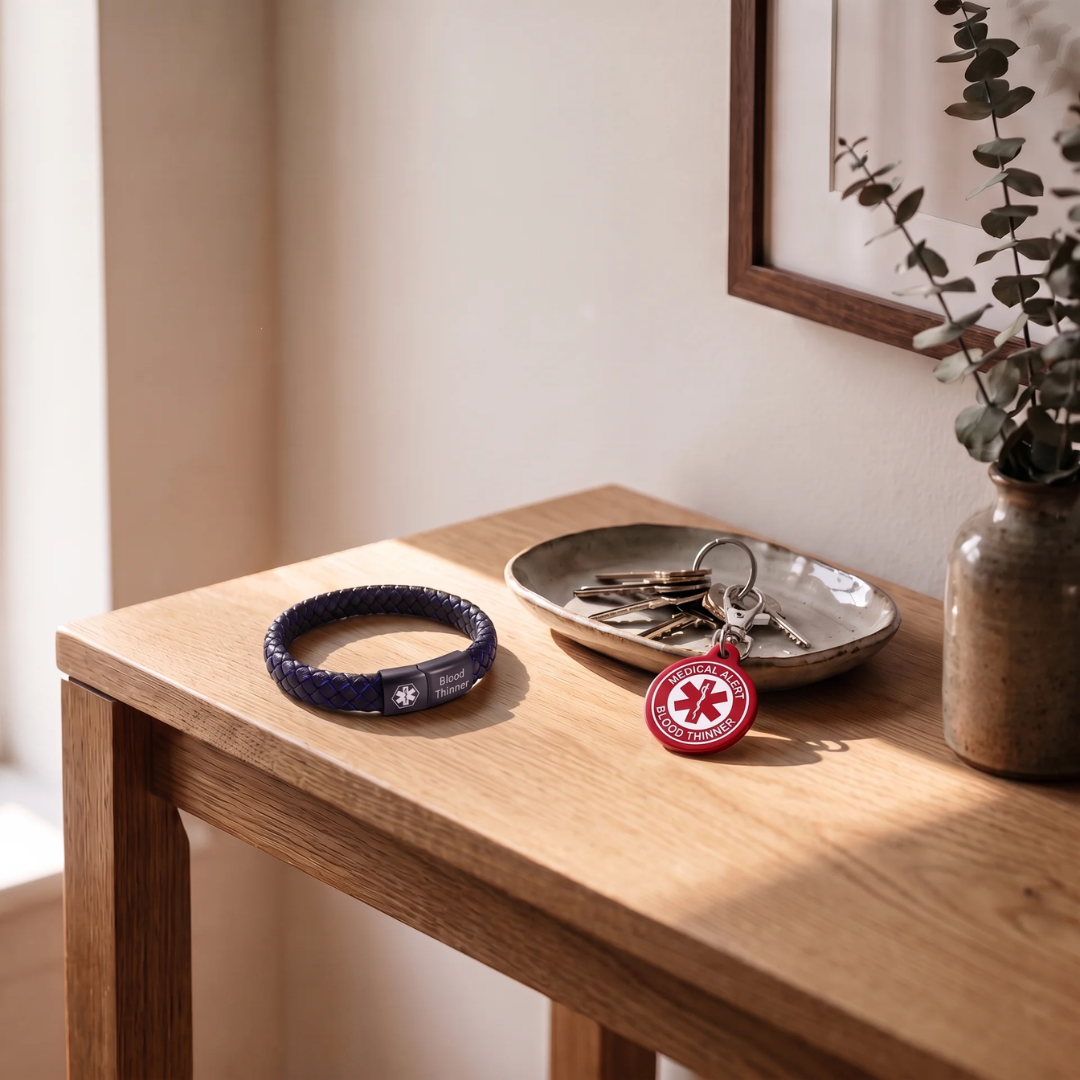Blood thinner medical alert bracelet and keychain set on a bedside table