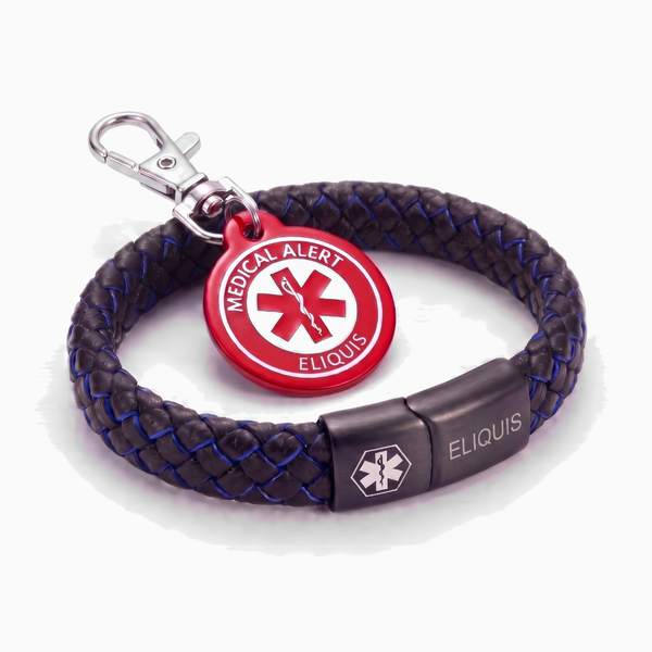 Eliquis medical alert bracelet and keychain set, black and blue braided bracelet with red charm keychain
