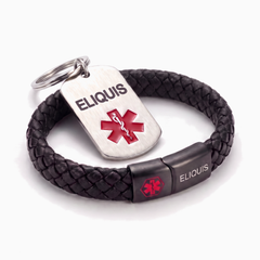 Eliquis medical alert bracelet and keychain set, black braided leather bracelet with steel tag keychain