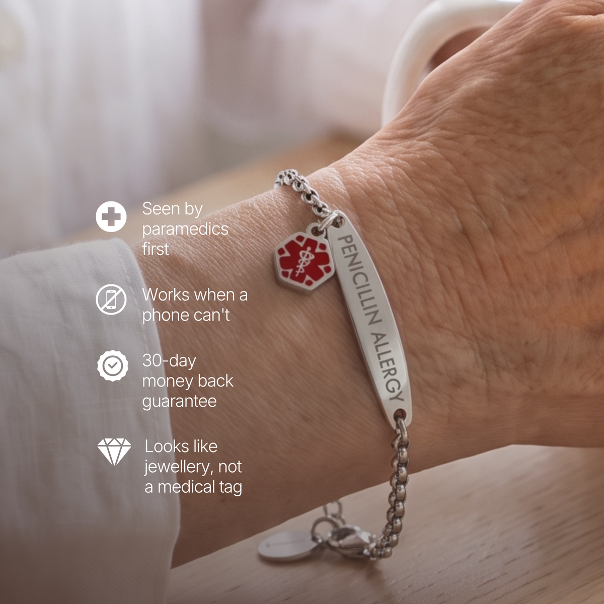 Penicillin allergy bracelet benefits: seen by paramedics first, works when a phone can't