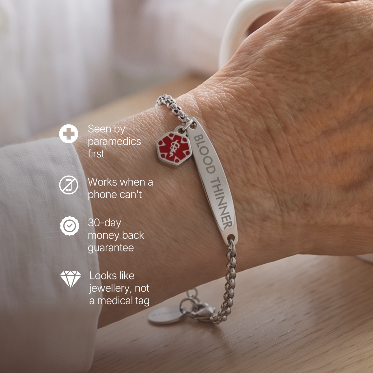 Blood thinner bracelet benefits: seen by paramedics first, works when a phone can't