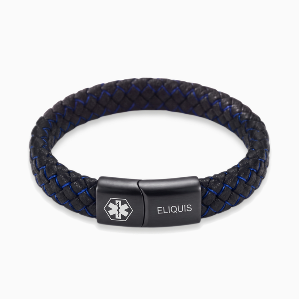 Eliquis medical alert bracelet in black and blue