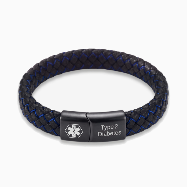 Type 2 diabetes medical alert bracelet in black and blue