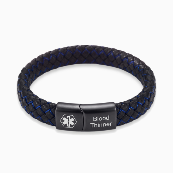 Blood thinner medical alert bracelet in black and blue