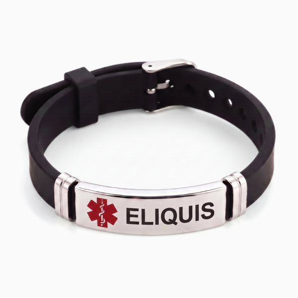 Eliquis medical alert bracelet in black and red