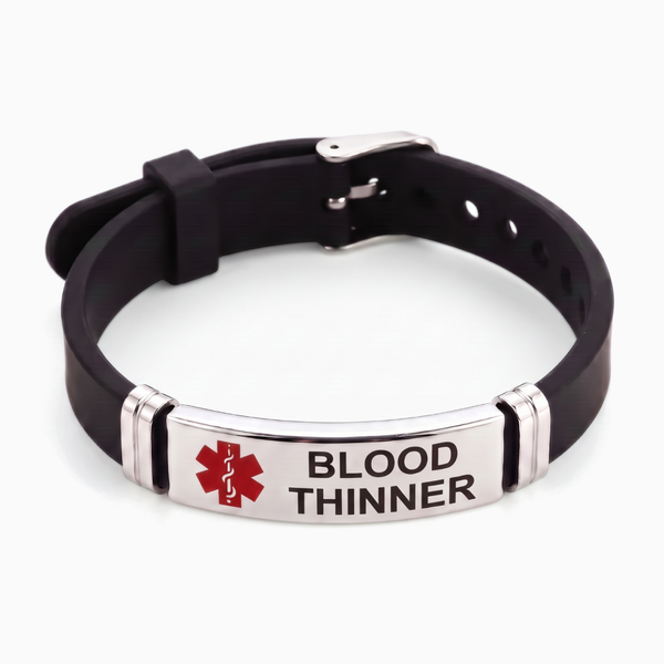 Blood thinner medical alert bracelet in black and red