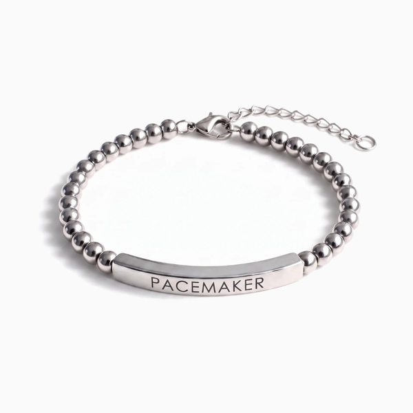 Slim pacemaker medical alert bracelet in silver