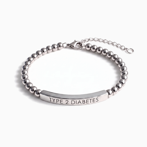 Slim Type 2 diabetes medical alert bracelet in silver