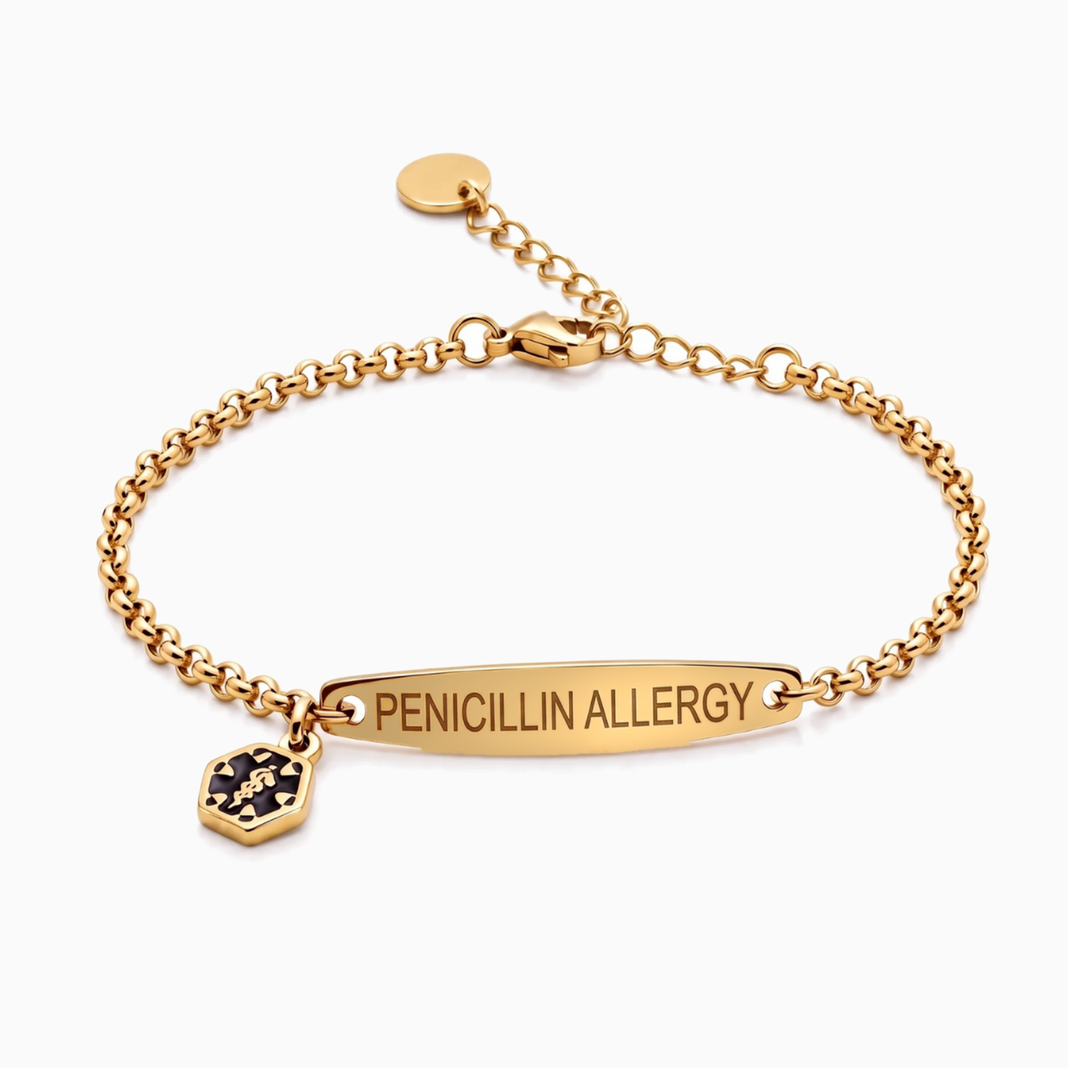 Penicillin allergy medical alert bracelet in gold