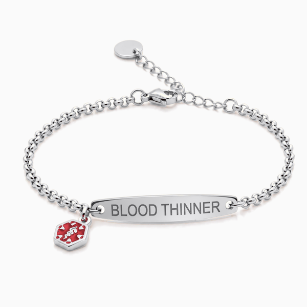 Women's blood thinner medical alert bracelet in silver