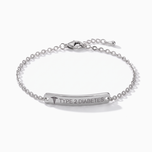 Type 2 diabetes medical alert bracelet in silver