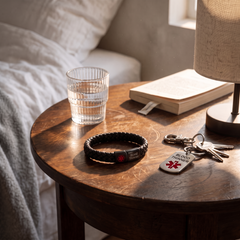Blood thinner medical alert bracelet and keychain set on a bedside table