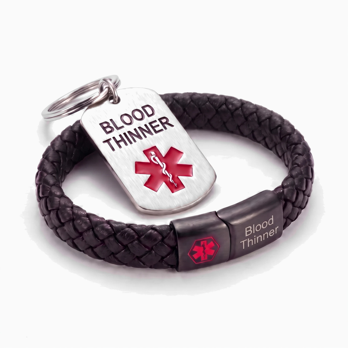 Blood thinner medical alert bracelet and keychain set, black braided leather bracelet with steel tag keychain