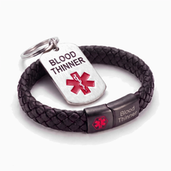 Blood thinner medical alert bracelet and keychain set, black braided leather bracelet with steel tag keychain