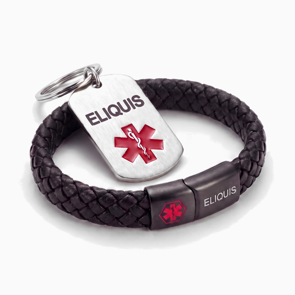 Eliquis medical alert bracelet and keychain set, black braided leather bracelet with steel tag keychain