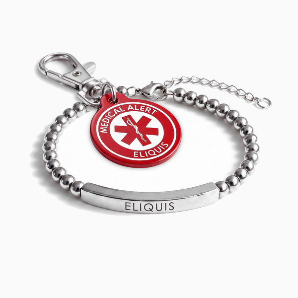 Eliquis medical alert bracelet and keychain set, silver beaded bracelet with red charm keychain