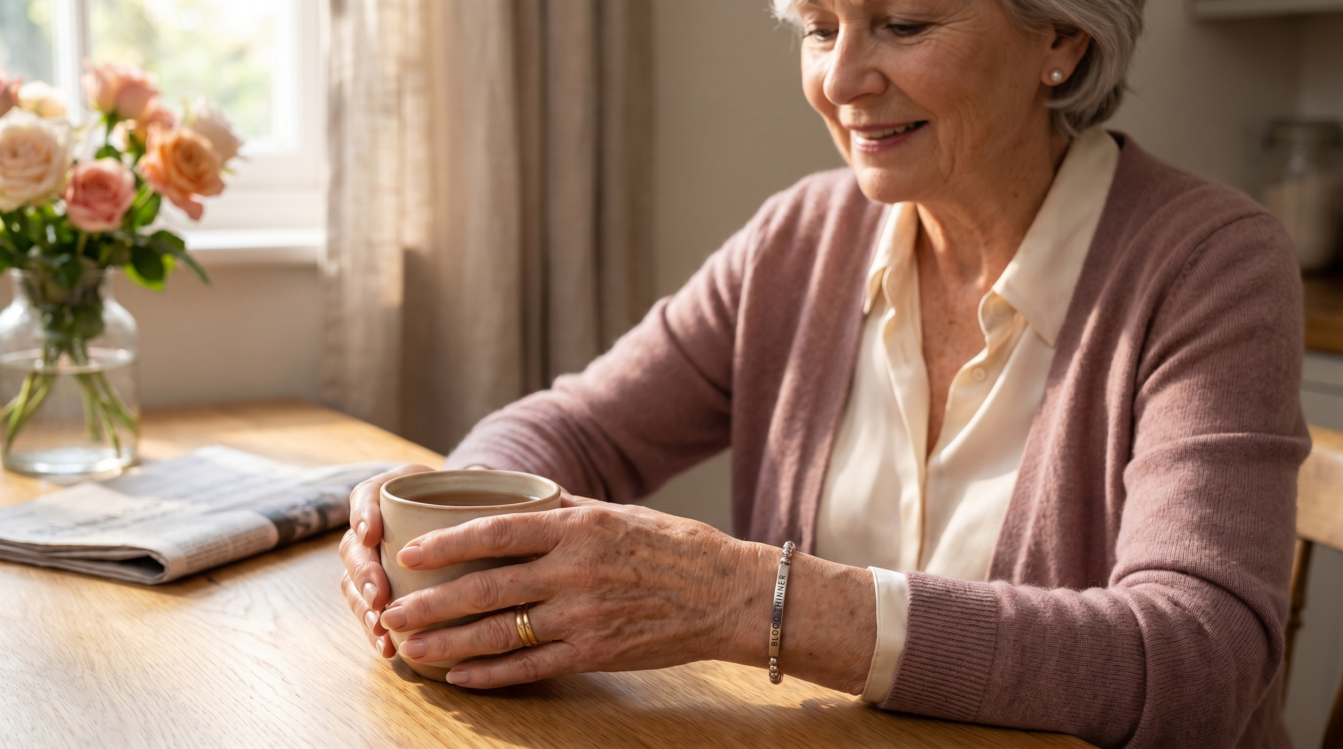 Woman at her kitchen table holding a mug, silver Blood Thinner bracelet on her wrist