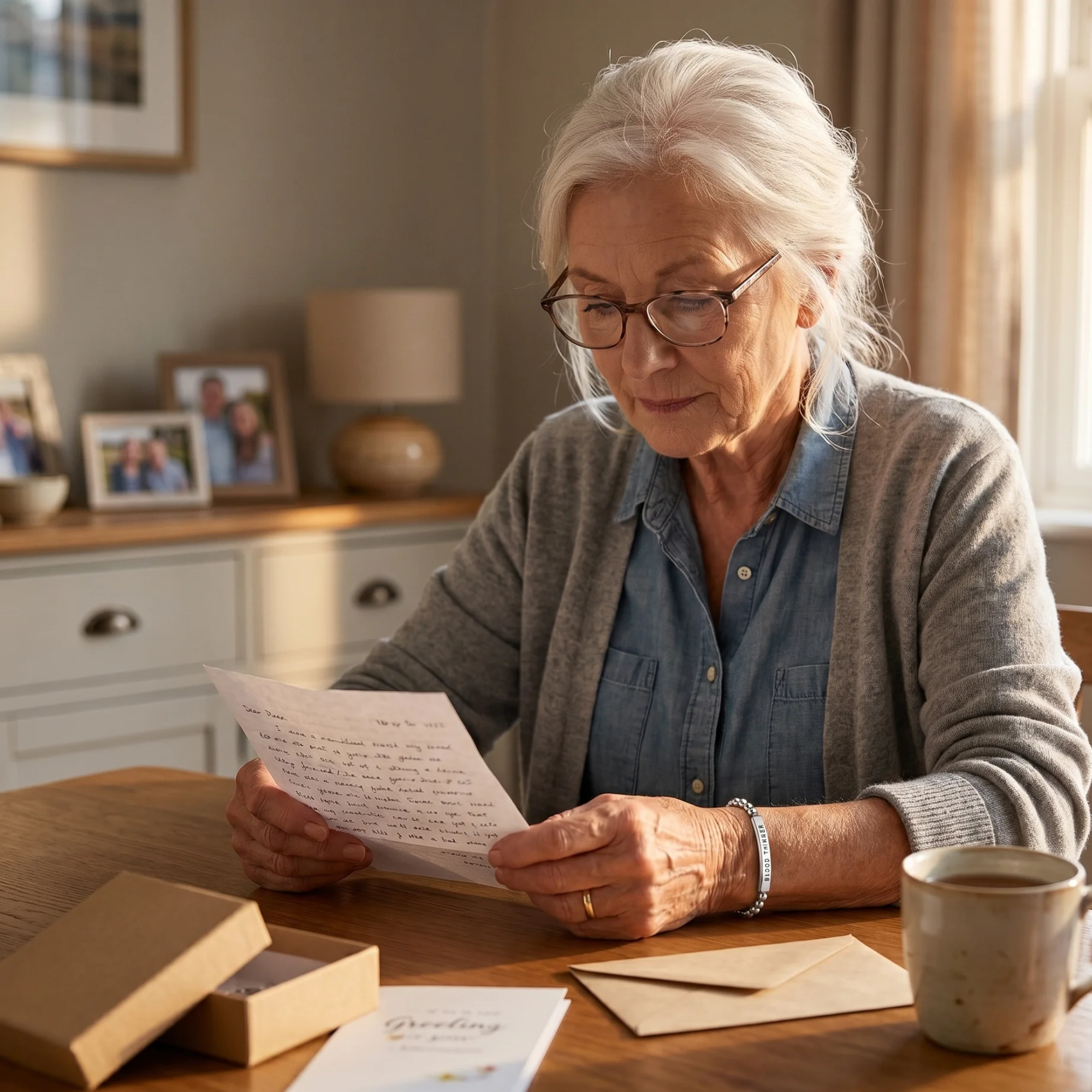 Older woman reading a handwritten note beside a gift box, silver bracelet on her wrist