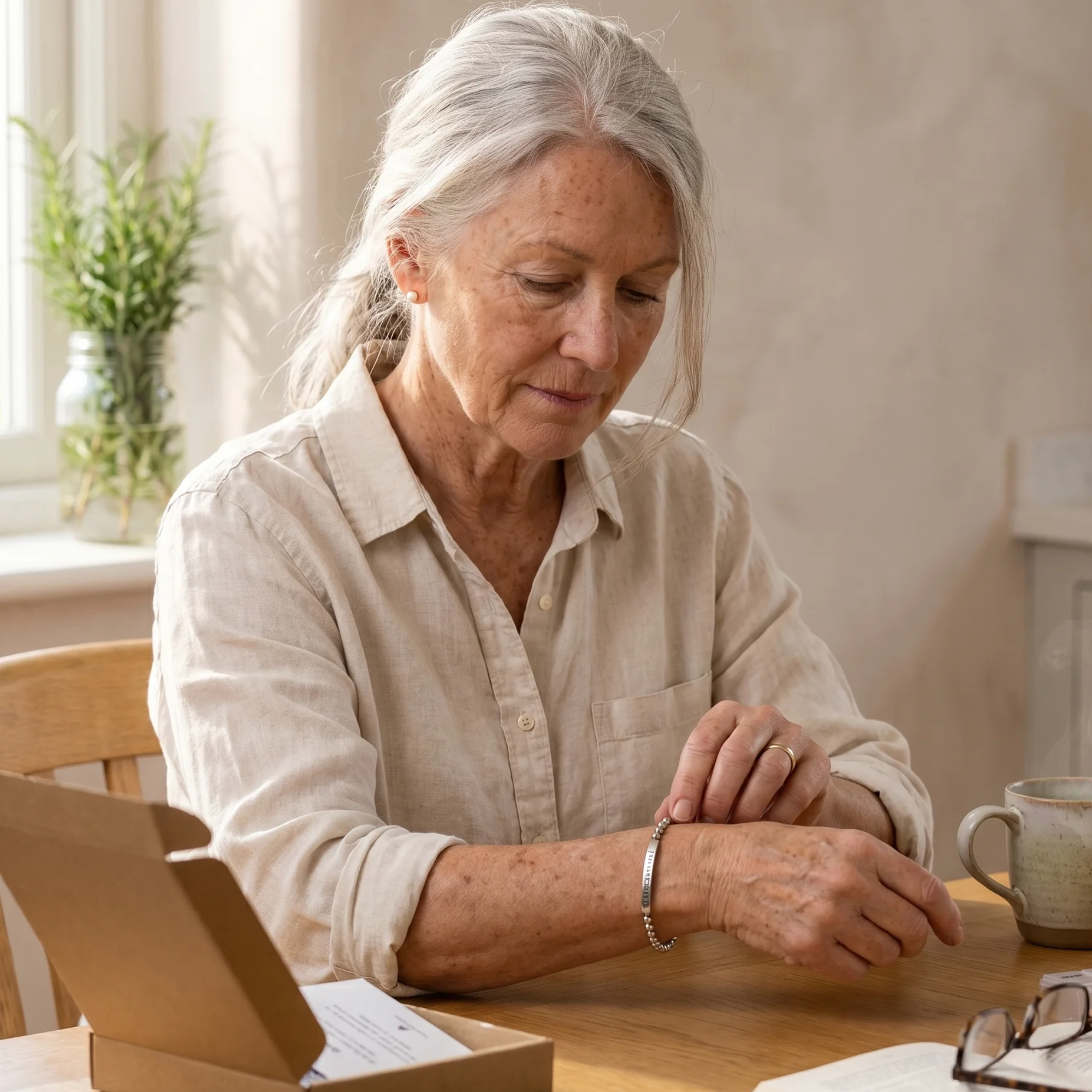 Woman at her kitchen table looking at the silver bracelet on her wrist