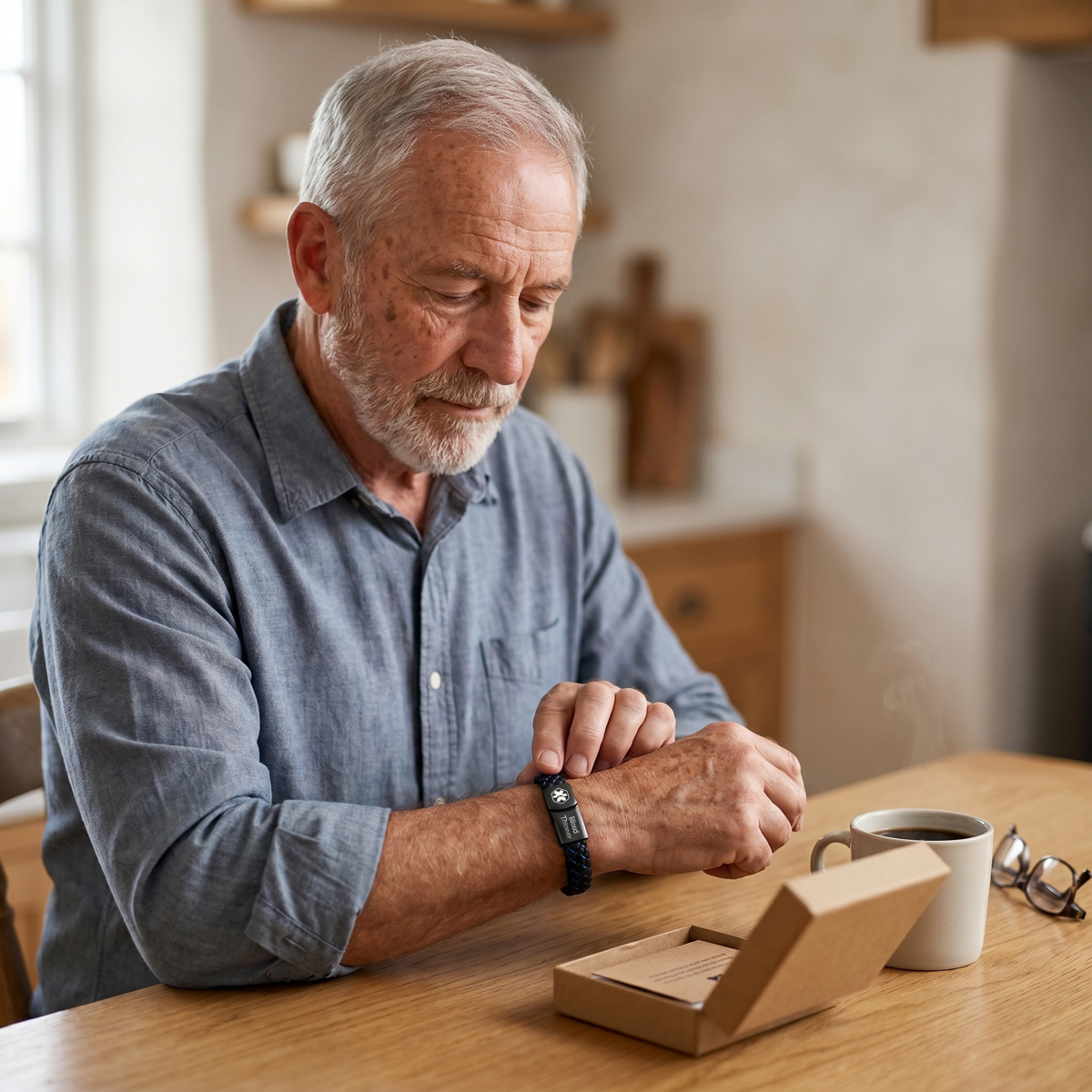 Older man at his kitchen table looking at the bracelet on his wrist