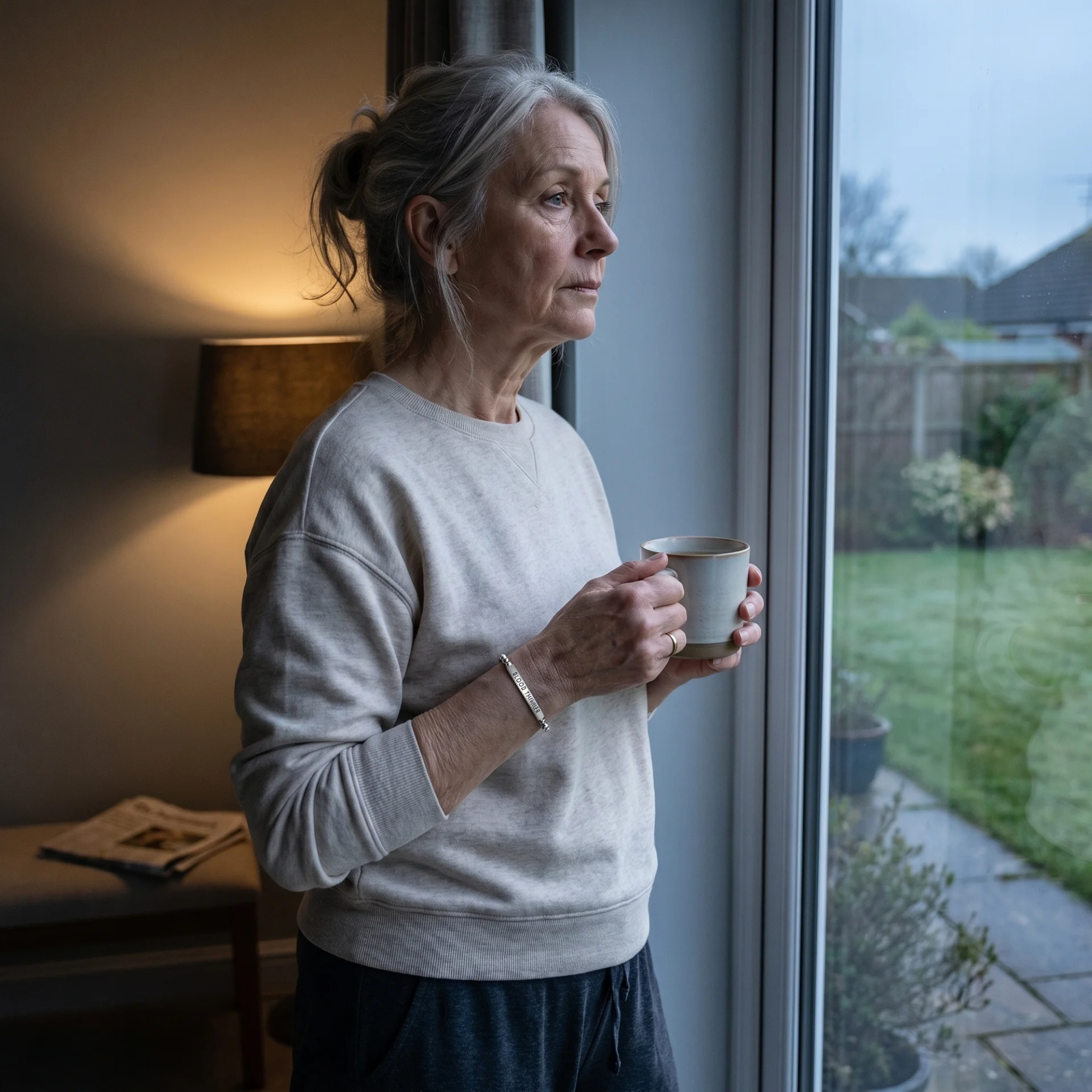 Woman holding a mug and looking out the window, silver bracelet on her wrist