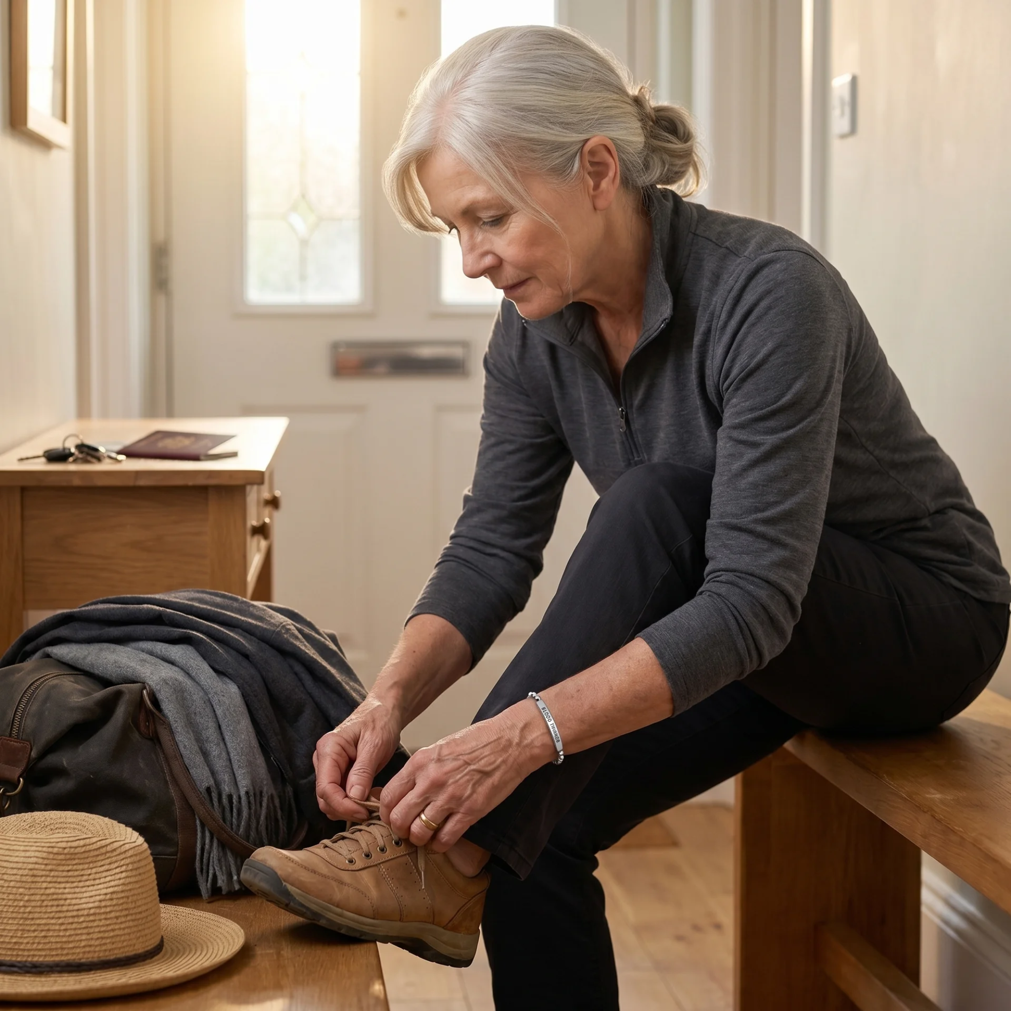 Woman lacing her boots in the hallway beside a packed bag, silver bracelet on her wrist